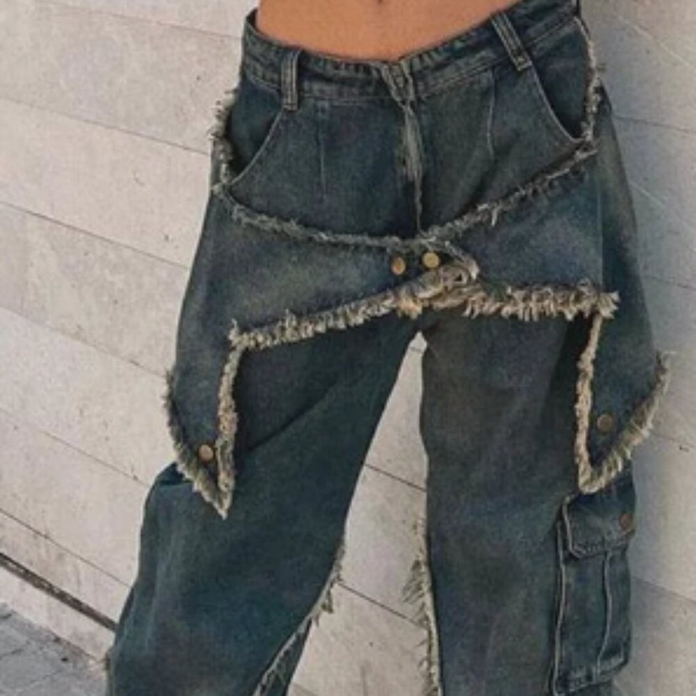 Aelfric Eden: Distressed Effect Patchwork Star Denim Jeans / SIZE 36
